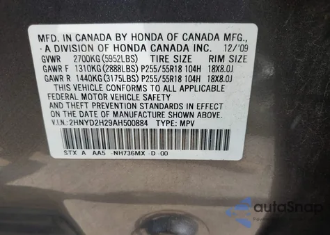 2010 Acura Mdx from USA, damaged, VIN 2HNYD2H29AH500884